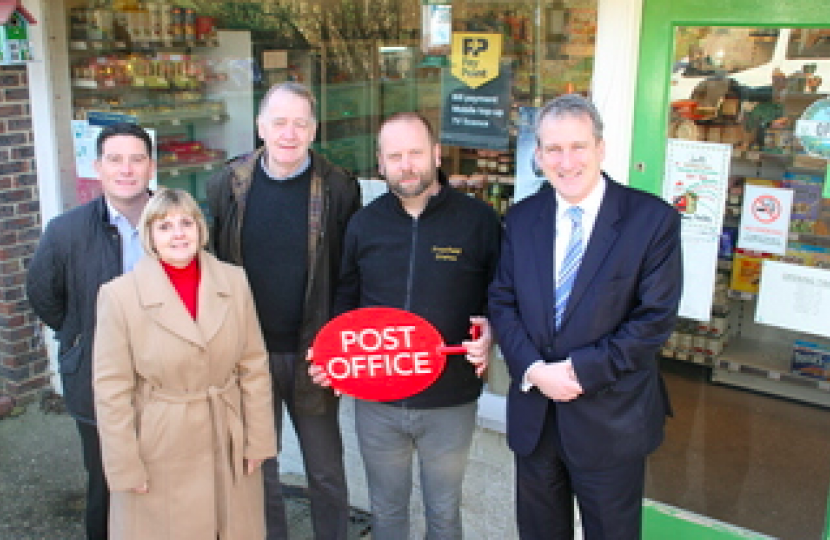 Conservative Councillors Nick Drew and Julie Butler with East Hampshire MP Damian Hinds with manager of Froxfield Stores, Howard Bevis as the Post Office returns to Froxfield Stores with an opening date of the 29th March.